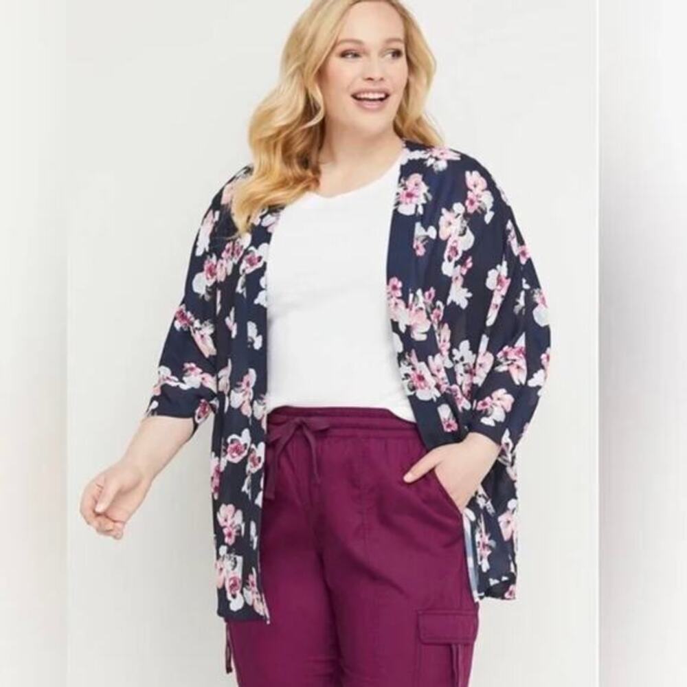 Lane Bryant Womens Navy Blue Floral Open Front‎ Kimono Sleeve Overpiece 18/20